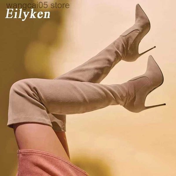 Stiefel Eilyken Sexy Overknee Stiefel Frau Flock Leder Dicke High Heels Winter Party Pole Dance Nachtclub Lange Schuhe T230713