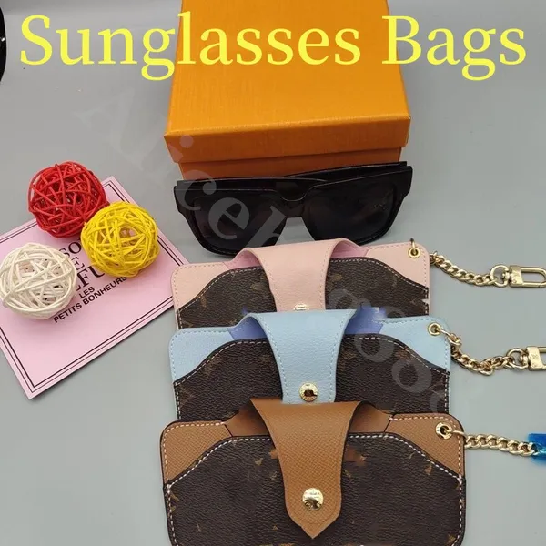 Outras Bolsas Moda Designer Óculos de Sol Bolsa Marca Unissex Homens Mulheres Couro Chaveiro Azul Rosa Marrom Óculos de Sol Casos Luxo Com Caixa Original Estoque Rápido Frete Grátis