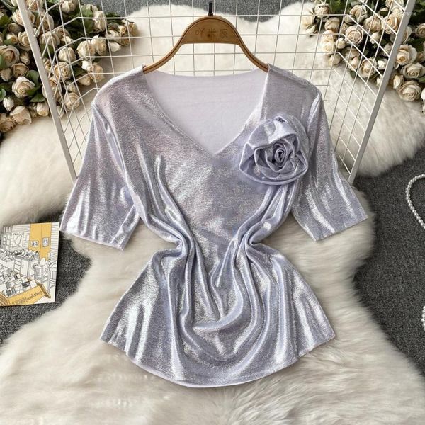 Frauen T-Shirts Landebahn Sommer Streetwear Mode Kurzarm Blume V-Ausschnitt Schlanker Bling Solid Color Casual T-Shirt Night Club Kleidung