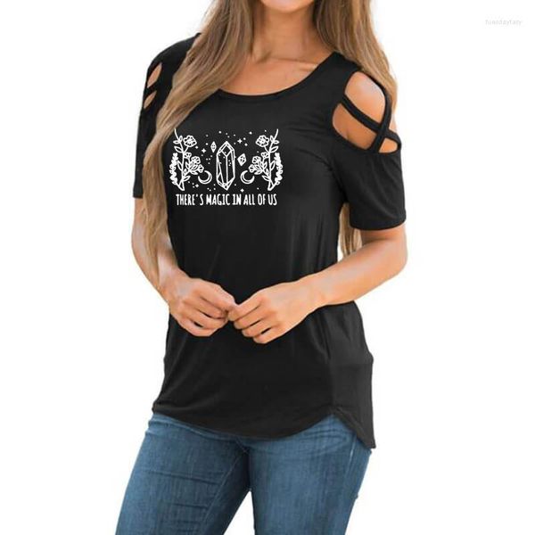 Camisetas femininas Há magia em todos nós Crystal Moon Camiseta feminina Presente de Halloween Cruz ombro a ombro Camiseta casual Femme Tops para