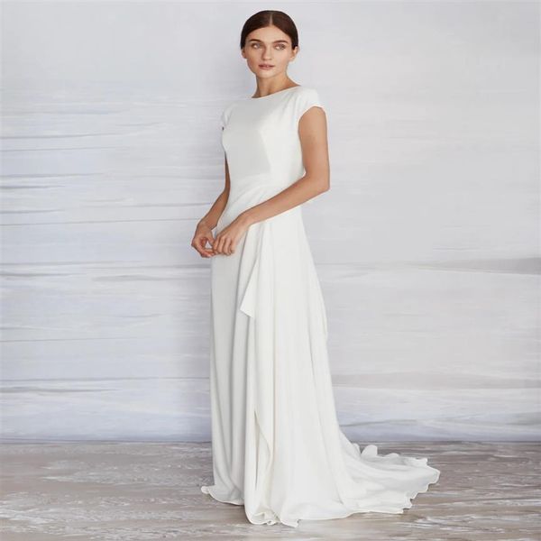 Semplice abito da sposa in crepe a trapezio modesto con maniche ad aletta collo alto sweep treno donna informale Boho Beach abiti da sposa abito da sposa 2829