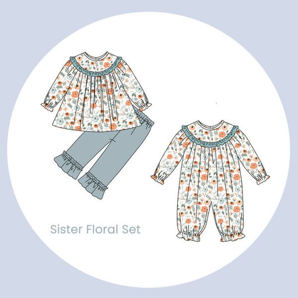 T-Shirts Baby Langarm Set Rundhals Orange Blumendruck Mädchen Top Kleidung und blaue Hosen mit Falten Schwester Strampler Ropa 230713