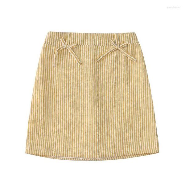 Gonne 2023 Estate Originale Nicchia Design Donna Giallo A Strisce Bolla Chiffon Gonna Corta Fiocco Glutei Vita Alta Preppy Y2K Miyake