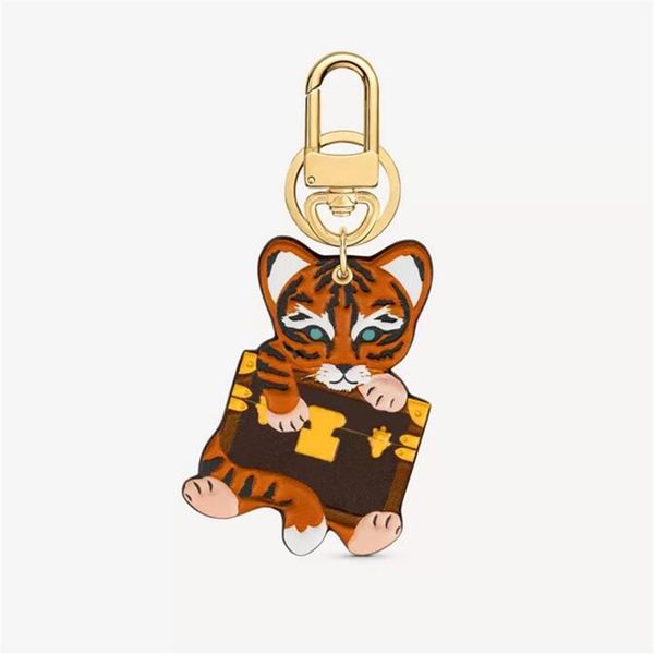 Chaveiro animal de luxo desenho animado marrom flor velha metal couro pu tigre chaveiros moda unissex alta qualidade bolsa decoração pendan282j