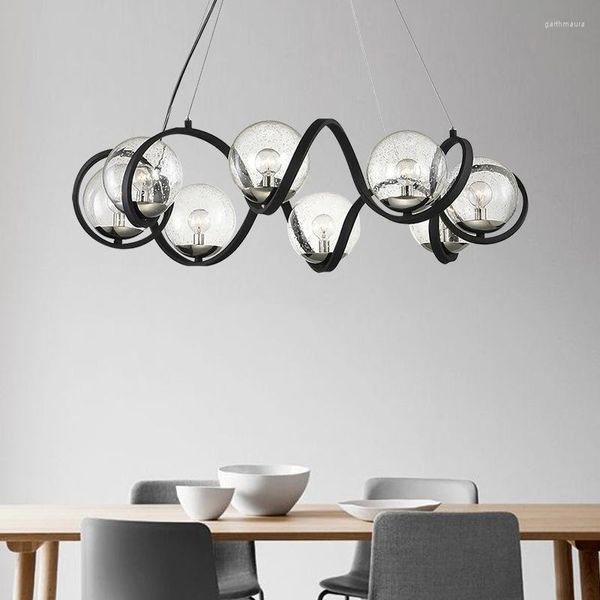 Lampadari Nordic E14 Lampadario a Led Soggiorno Lampada a sospensione in metallo nero Illuminazione a bolle d'aria Paralumi in vetro Luci