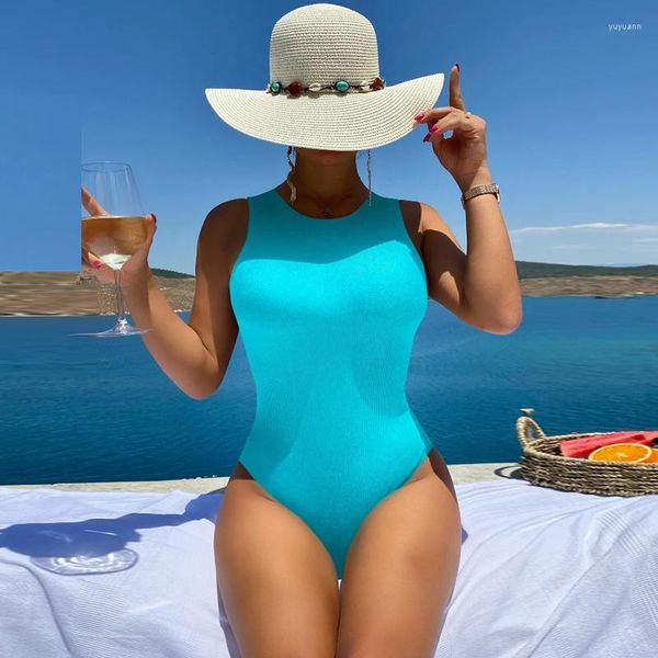 Roupa de banho feminina para verão tecido especial para férias push up moda praia peça única cor sólida com decote em bico biquíni sexy sem costas com cadarço