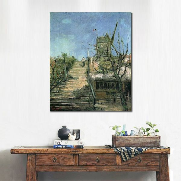 Impressionistische Leinwandkunst „Windmühle auf Montmartre“, handgefertigtes Vincent Van Gogh-Gemälde, Landschaftskunstwerk, moderne Wohnzimmerdekoration