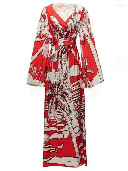 Casual Kleider Sommer 2023 Designer Mode V-ausschnitt Celebrity High Street Print Lose Elegante Rote Jacquard Kleid
