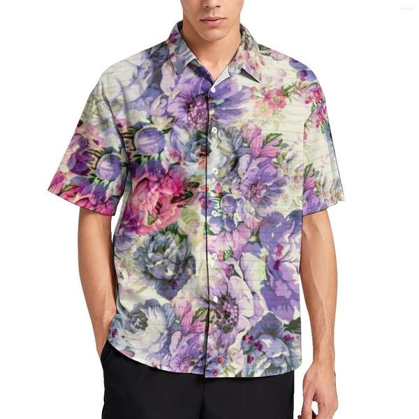 Camisas Casuais Masculinas Camisa Solta Rosa Favender Praia Vintage Boêmio Floral Verão Personalizado Manga Curta Estilo Rua Blusas Grandes