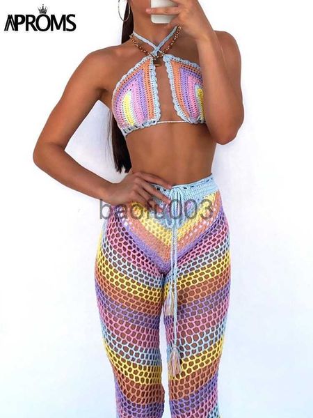 Conjunto de 2 peças de calça de duas peças femininas elegantes e coloridas de crochê para festival de verão 2022 blusa e calça de praia encoberta J230713