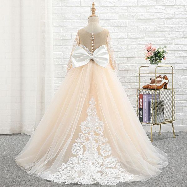 Mädchenkleider Blumenmädchen Hochzeit Brautjungfernkleid Kleines Spitzen-Tutu Langer Maxi-Abschlussball Weiß Kinder Kommunion Party Ballkleid