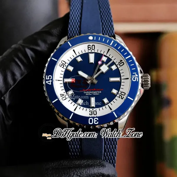 New Dive Superocean 44 A17375E71C1S1 Automático Mens Watch Blue Dial White Inner Blue Ceramic Bezel Caixa de Aço Pulseira de Borracha Relógios Gent Watchzone C145B9