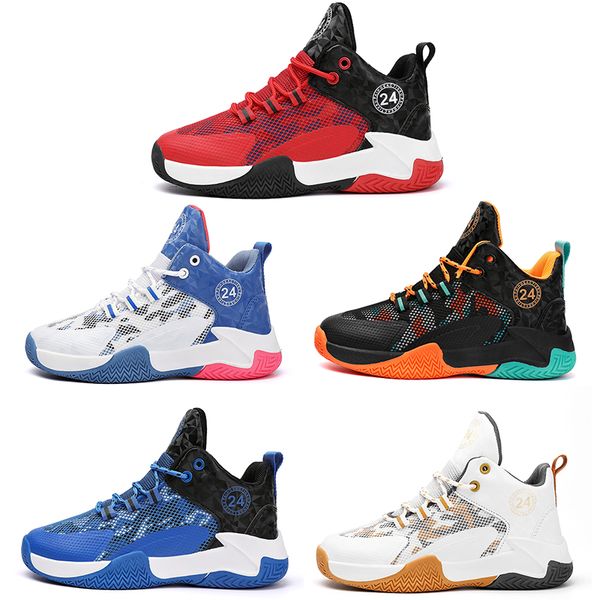 2023 Kinder-Basketballschuhe für Jungen und Mädchen, atmungsaktives Mesh, weiß, blau, schwarz, orange, rot, goldene Trainer, Outdoor-Sport, junger Mann