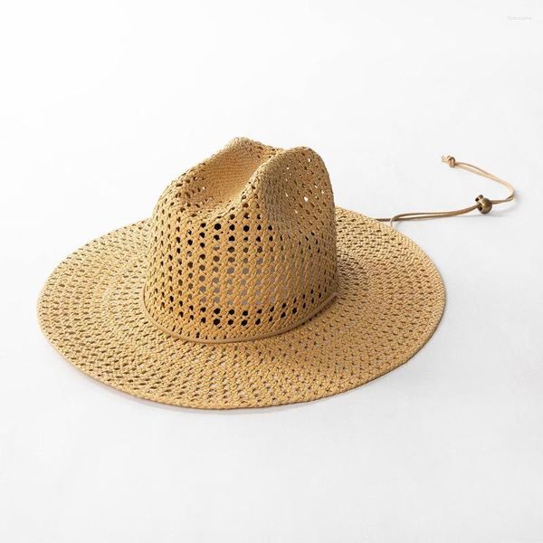 Chapéus de aba larga tecido à mão vazado com corda de amarrar chapéu jeans grande viagem ao ar livre proteção solar palha