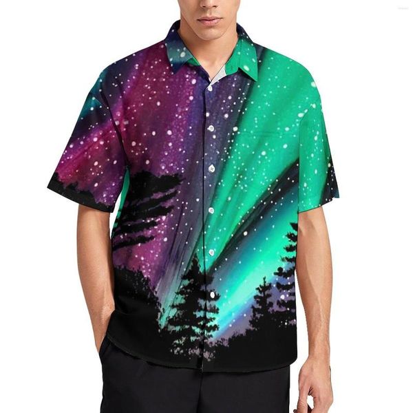 Camisas casuais masculinas inverno céu noturno estampado aurora boreal camisa de praia havaiana blusas vintage homem gráfico plus size 4XL