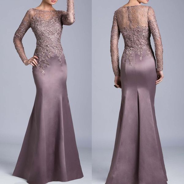 Vestidos elegantes de manga comprida para mãe da noiva, apliques de renda, cetim, comprimento até o chão, sereia, convidados, vestidos de festa de casamento, chique, noivo, mãe, formatura, roupa de noite formal