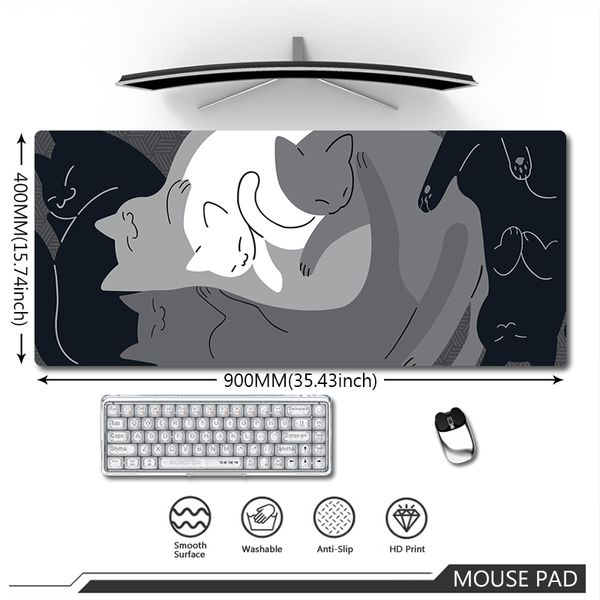 Tapete de mouse preto e branco grande gato bonito mousepad XXL velocidade Kawaii Deskmat laptop gaming mouse pad para tapete de escritório gamer pads