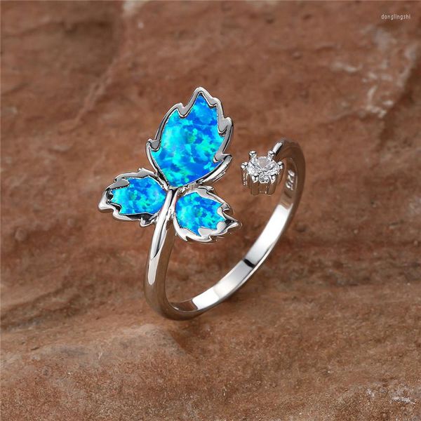 Anéis de casamento bonito anel de abertura feminino branco azul verde vermelho pedra opala para mulheres vintage cor prata noivado banda jóias