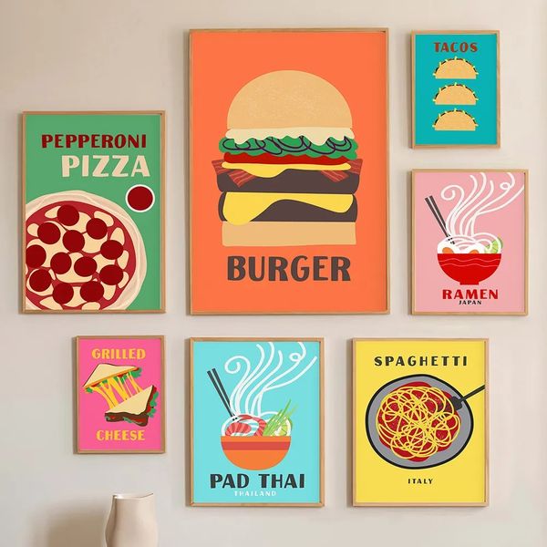 Parlak eğlenceli yemek poster dekor ramen makarna pizza tuval boyama maksimalist moda retro pop resimleri duvar sanat oturma odası yemek odası dekorasyon restoran dekor w06