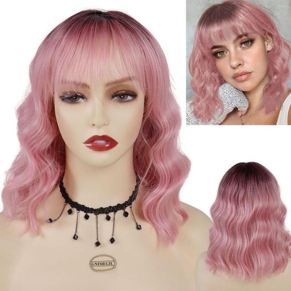 Parrucche sintetiche GNIMEGIL Ombre Pink Short Bob Parrucca riccia con frangia per donne Ragazze Cosplay Lolita Capelli naturali resistenti al calore