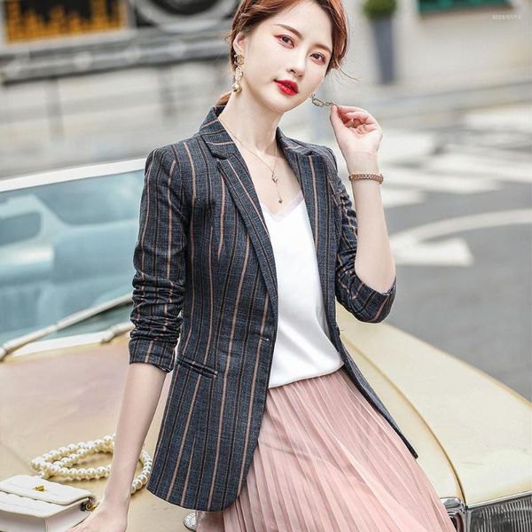 Ternos Femininos Feminino Negócios Vestuário de Trabalho Jaqueta Blazer Feminino Primavera Outono Preto Cinza Listras Manga Comprida Um Botão Casaco Slim