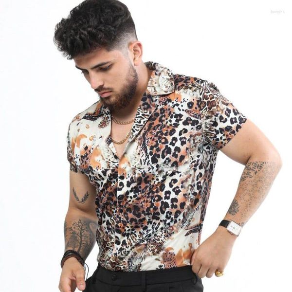 Camisas casuais masculinas A última moda europeia Camisa Terno Festa Leopardo Gráfico de alta definição Lapela Abotoado S-3XL