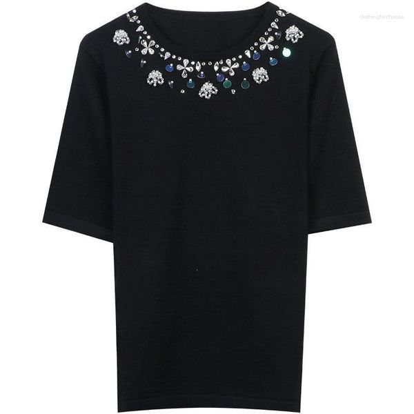 T-shirt da donna con paillettes di diamanti che bordano O-collo coreano lusso nero bianco magliette moda casual manica corta maglieria allentata t-shirt 2023 estate