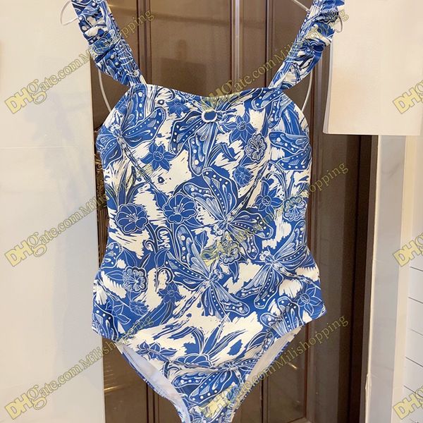 Biquíni de grife peça única com estampa de flor azul roupa de banho piscina roupa de praia