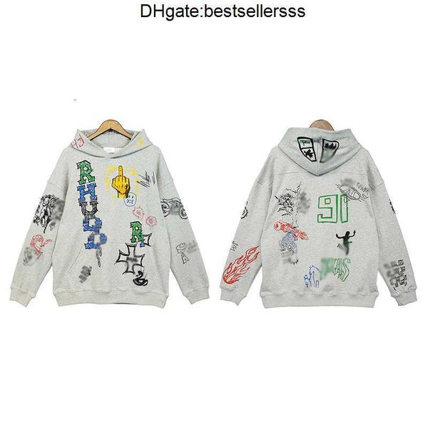 Vielseitiger Rhude Grey Sweet Cool Casual Handbemaltes Graffiti High Street Herren Damen Hoodies Trendy Herbst Winter ZG52