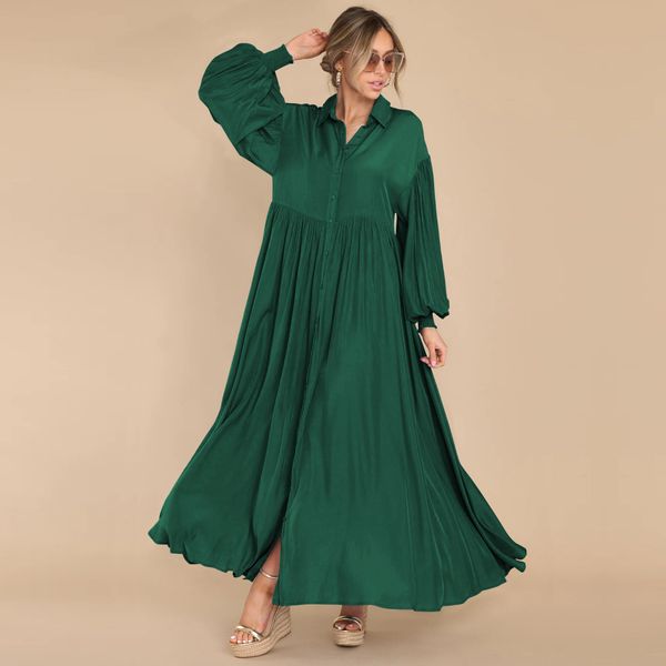 Yeni Varış Kadınlar Sıradan Elbise Düz Renk Uzun Düğme Etek Gevşek Büyük Boyut Kapı Boyun Boyun Kılıf Bohem Sonbahar Bayanlar Giysileri