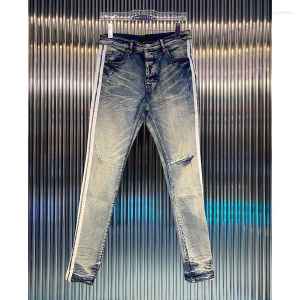 Jeans Masculino Streetwear Skinny Casual Branco Borda Listras Calça Rasgada Clássico Vintage Azul Lavagem Calça Algodão Punk Denim