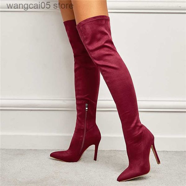 Stivali 2023 Donna Stivali sopra il ginocchio Lady 11cm Tacchi alti Sexy Coscia lunga Inverno Stivaletti bordeaux Fetish Tacchi a spillo Scarpe T230713