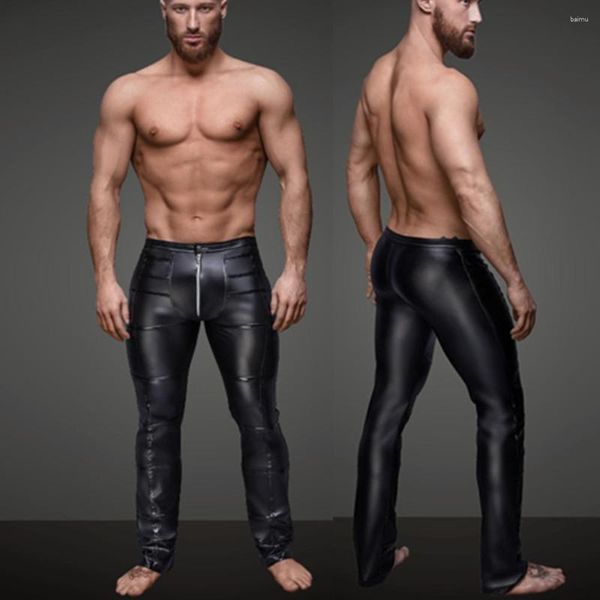 Pantaloni da uomo Uomini sexy Ecopelle con apertura sul cavallo Lattice erotico PVC Nightclub Zipper Pole Dance Pantaloni Gothic Punk Fetish Club Wear