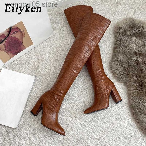 Stivali Eilyken 2023 New Style Women Chunky High Heel Boots Designer Shoes Stivaletti lunghi in pelle microfibra Over-the-Knee Botas De Mujer T230713