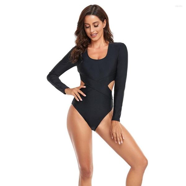 Costumi da bagno da donna 2023 Sexy Fashion Solid Black Tuta da surf a maniche lunghe monopezzo Sport acquatici Protezione solare Fast Dry Beach Swim