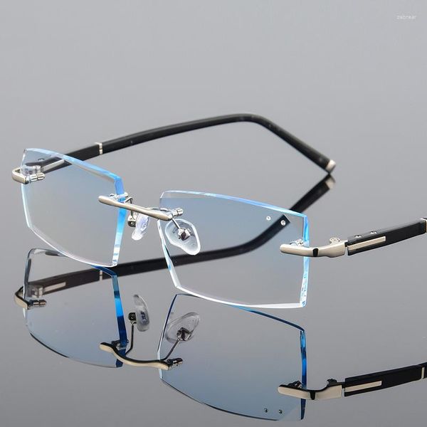 Armação de óculos de sol liga de diamante corte lente sem aro negócios masculino gradiente sem armação miopia armação de óculos óticos 3 cores f58003