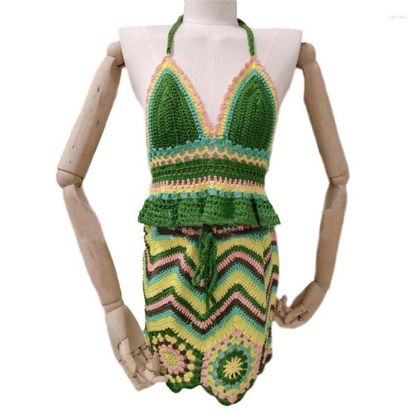 Conjunto de roupa de banho feminina 2 peças de biquíni de crochê, saias femininas de cima e de baixo, maiô, saídas de praia, saídas de cintura ajustáveis