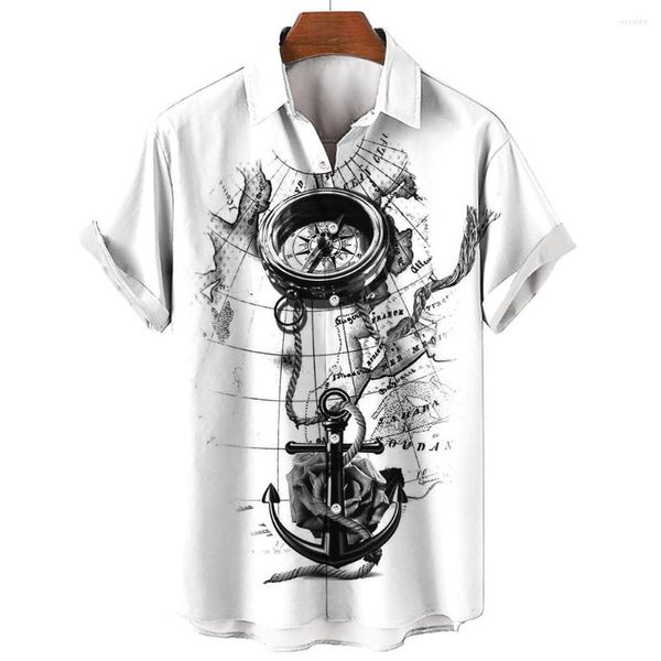 Camisas casuais masculinas de verão, camisa de manga curta D estampada, padrão de gancho de barco, tops diários de rua superdimensionados, camisetas masculinas