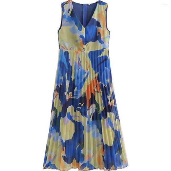 Abiti casual Pieghettato A-lined Tank Holiday Robe Scollo a V Blu Tie-dye Print Senza maniche Midi Dress Sexy Women Hem Spliced