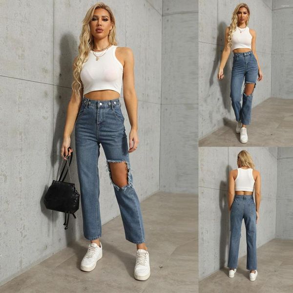 Jeans da donna a vita alta slim fit vita solida gamba dritta glutei svasati pantaloni vita quotidiana strappati abiti vintage anni '90