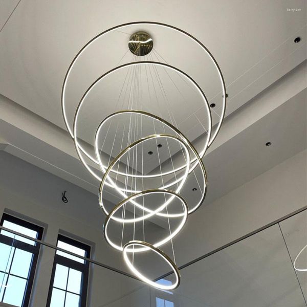 Lustres Candeeiro pendente LED Golden Luxury Sala de jantar Sistema de escurecimento Duplex Villa Staircase Lustre grande circular High Living