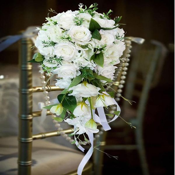 Fiori matrimonio Cascata Bianca S Perle artificiali Bouquet di cristallo Bouquet da sposa damigella d'onore Mano De Mariage Rose256h