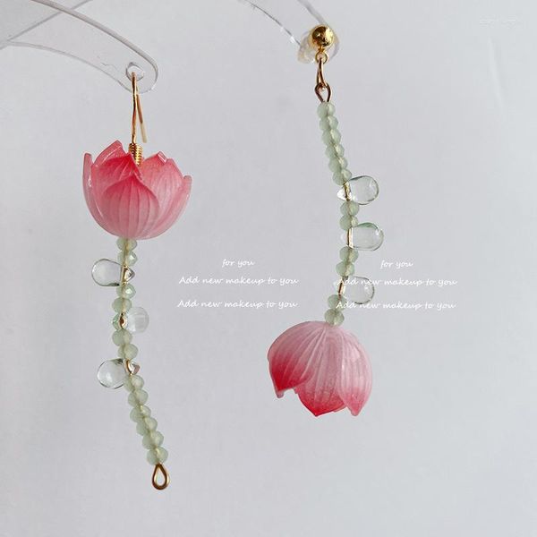 Orecchini pendenti Fashion Lotus Goccia asimmetrica per donne Ragazze che dipingono fiori rosa Pendientes Oorbellen Regali di gioielli