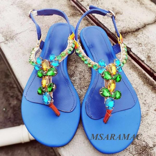 Sandálias cor cristal chinelo azul couro biqueira redonda plana verão feminino sapatos de festa vestido