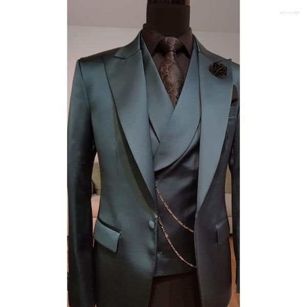 Men's Suits Dark Green Shiny Satin Slim Fit 3 Piece Set Men Wedding Groom Tuxedos Man Dress Terno Jacket Vest Pant