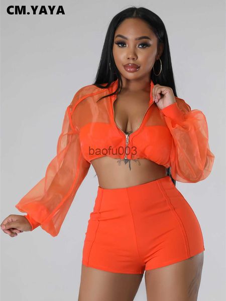 Damen Zweiteilige Hose Dome Kameras CMYAYA Mode Damen Set Reißverschluss Durchsichtig Oganza Crop Top und Shorts Anzug 2023 Street Two 2-teiliges Set Outfit Tracks J230713