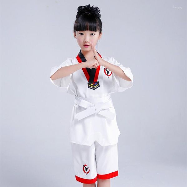 Roupas de palco para crianças Taekwondo Uniformes WTF Mooto Karate Judô Dobok Roupas Crianças Manga Curta Roupas TKD