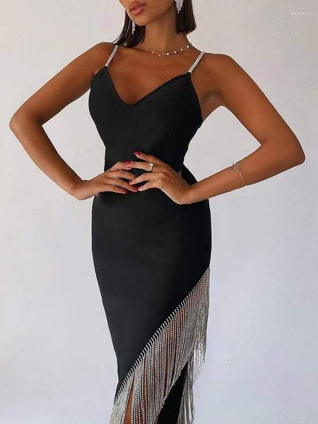 Vestidos Casuais Luxo Sexy Alça Espaguete Franja Noite Elegante Sem Encosto Strass Jantar Ocasião Formal Vestido Para Senhoras