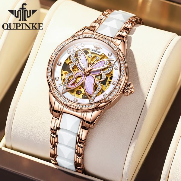 Altri orologi OUPINKE Orologio da donna Set Luxury Automatic Mechanical Sapphire Crystal Skeleton Diamond Bracciale da donna in ceramica impermeabile 230712