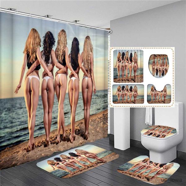 Duschvorhänge Sexy Strandmädchen Badvorhänge schönes Mädchen Badezimmer Duschvorhang Set mit rutschfestem Teppich Toilettendeckel Bad R230713